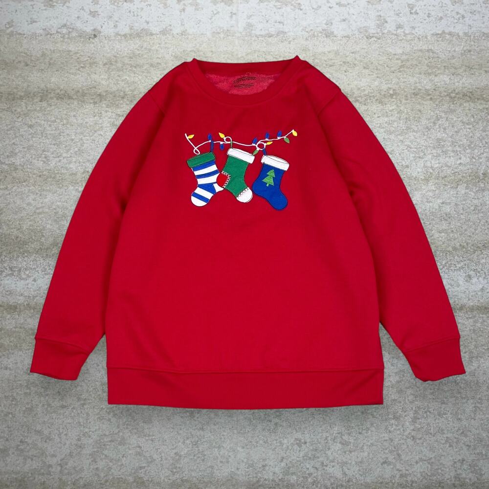 Vintage Y2K Christmas Sweatshirt Womens L Stockings Red Cotton Grandma Style - Picture 1 of 3